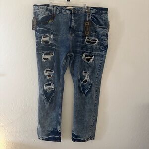 NEW FWRD Denim & Co. Mens Blue Slim Fit‎ Jeans Distressed 46x33 Graffiti Sayings
